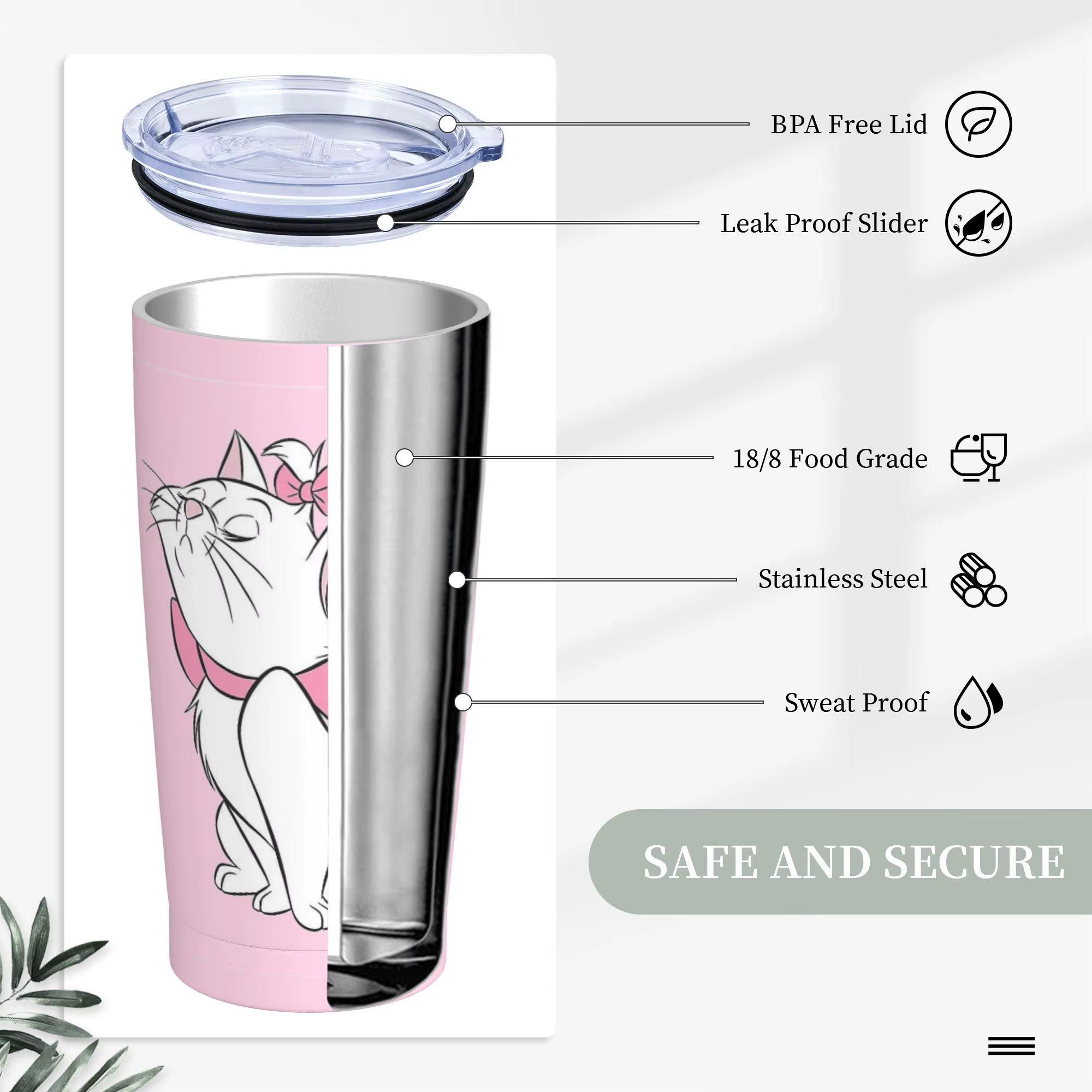 M-Maries Cat Cute from Aristocats Tumbler Tasses à café isolées sous vide en acier inoxydable à double paroi