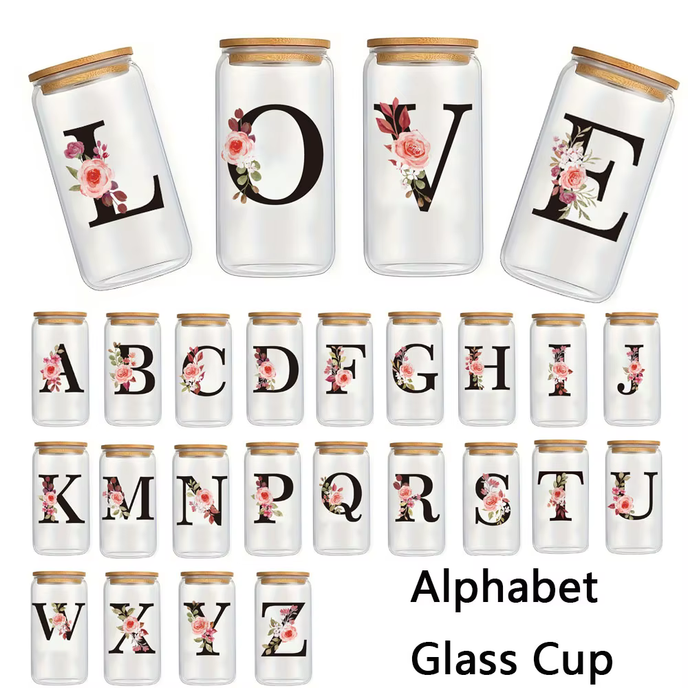 500ml Lettre Fleur A-Z Café standardisation Bureau Maison 16OZ Verre Tasse Avec Bambou Veds et Paille Anniversaire