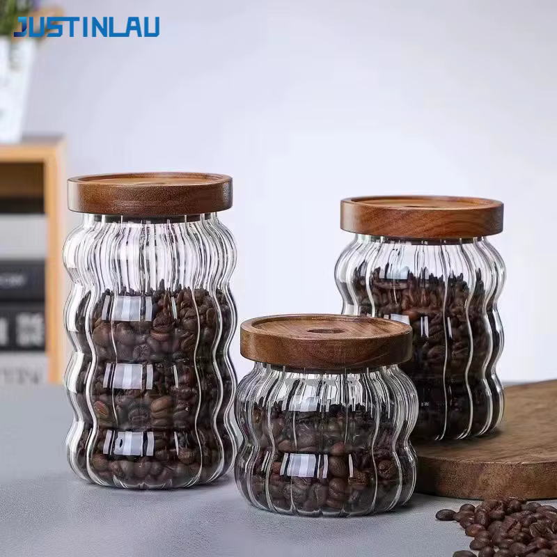 Bouteilles de rangement en verre rayé avec couvercle en bois