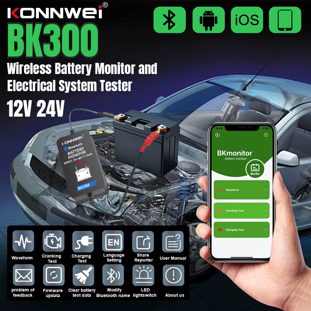 KONNWEI BK300 12V testeur de batterie sans fil Bluetooth 5.2 moniteur de batterie affichage LED SOH SOC analyseur de batterie outils de test automatique
