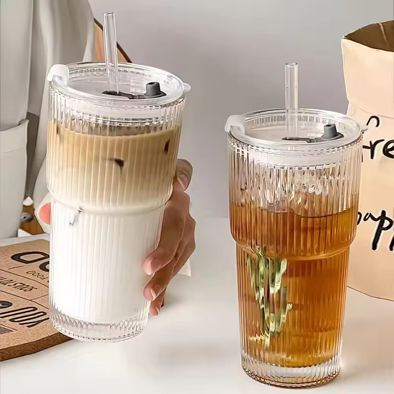 Tasse à café en verre à rayures de grande capacité