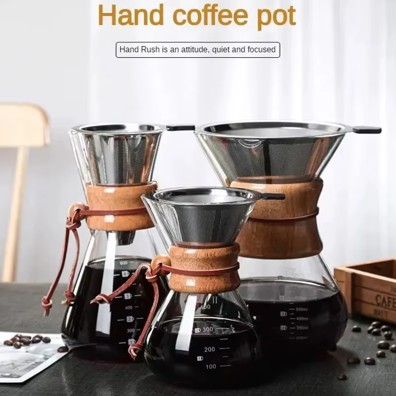 Bouilloire à café en verre à main avec filtre en acier inoxydable