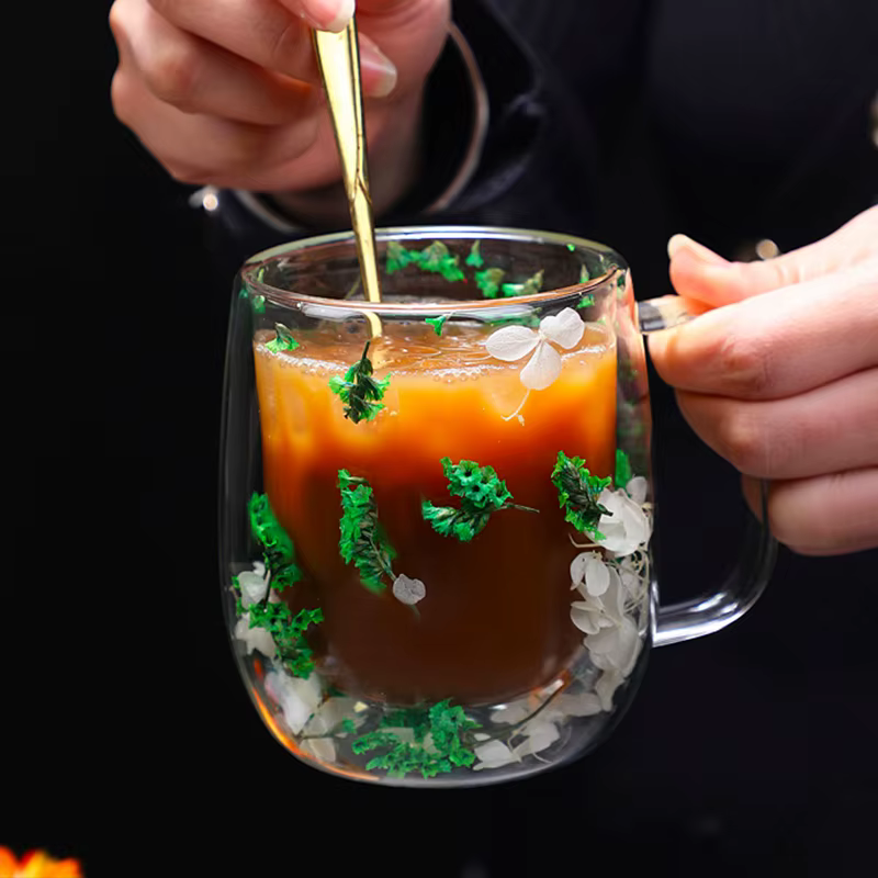 Tasse à café en verre à fleurs séchées, 390ml, Double paroi, verres à boissons, tasse à thé, pour jus de lait, cadeaux d'anniversaire