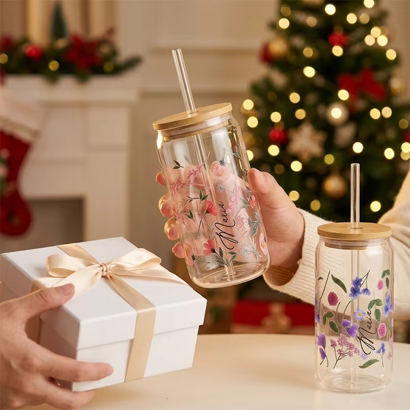 Tasses en verre personnalisées à motif floral 16oz avec couvercle et pailles