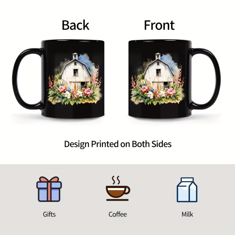Tasse à café en céramique avec grange de ferme noire avec motifs floraux et légumes pour la maison