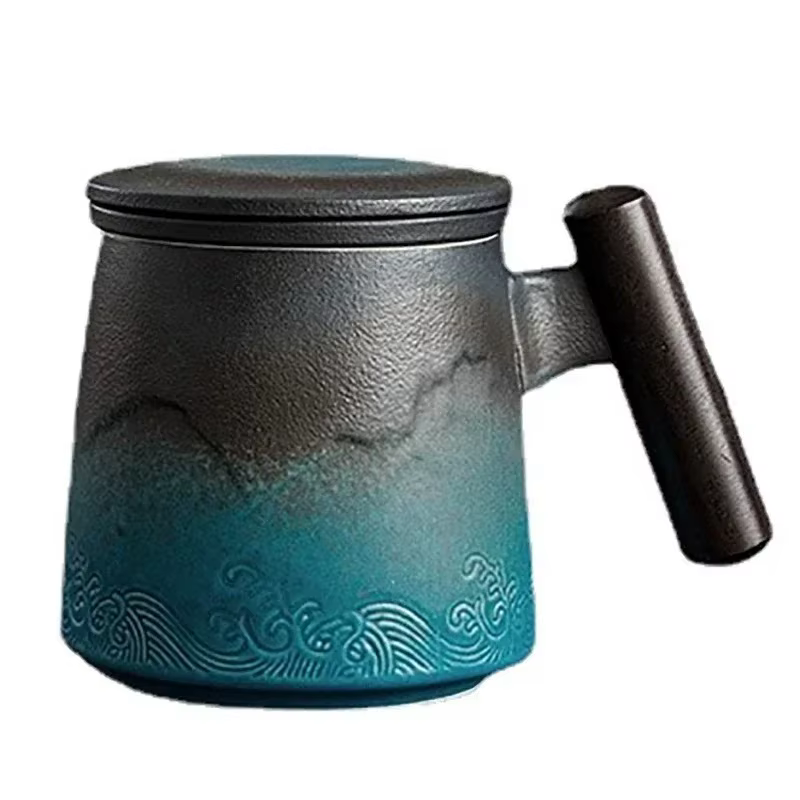Tasses en céramique vintage avec poignée en bois
