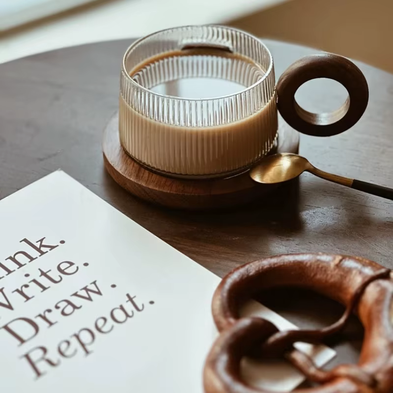 Brochure Tasse à café avec poignée en bois massif