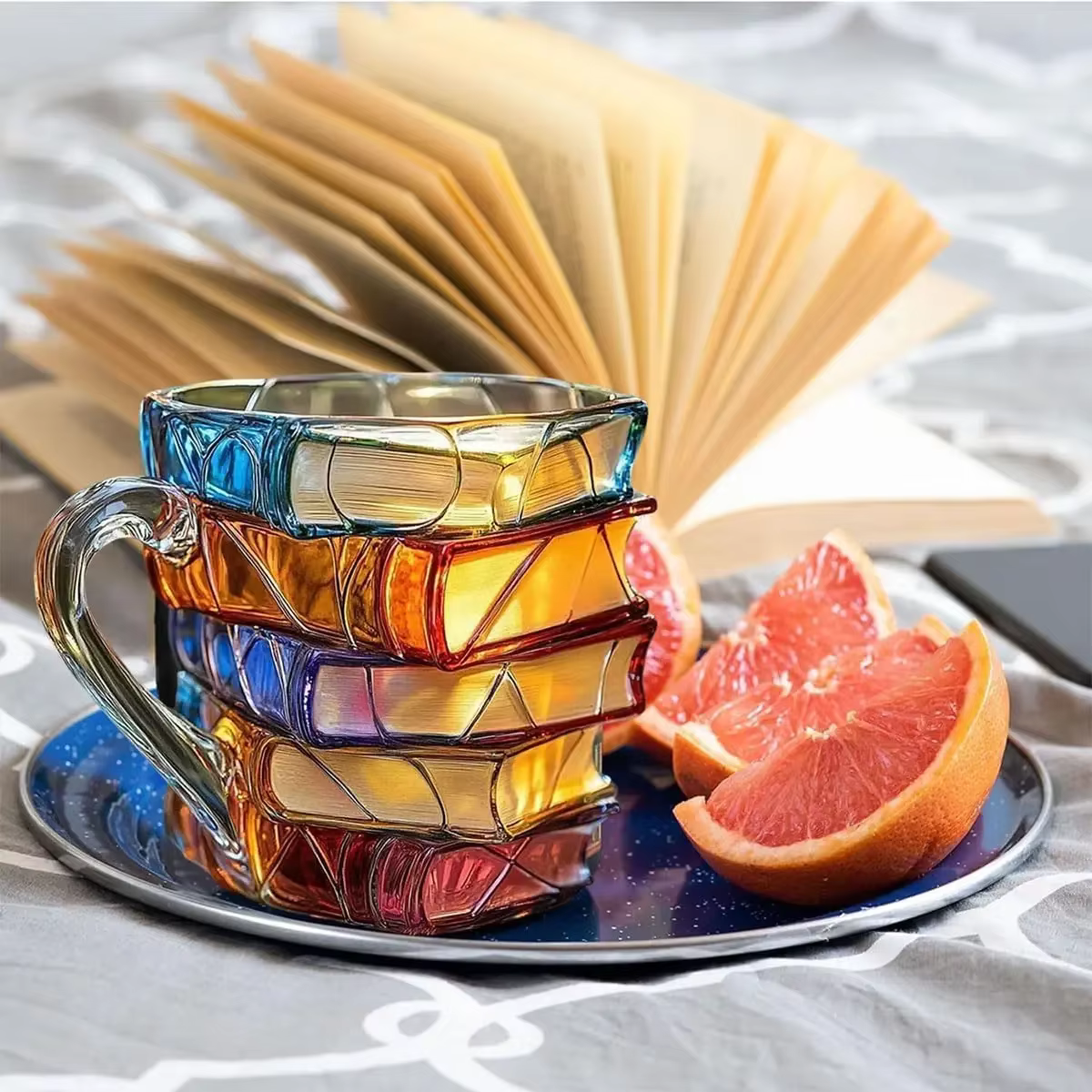 Tasse à livre peinte, tasse à café en verre coloré 3D