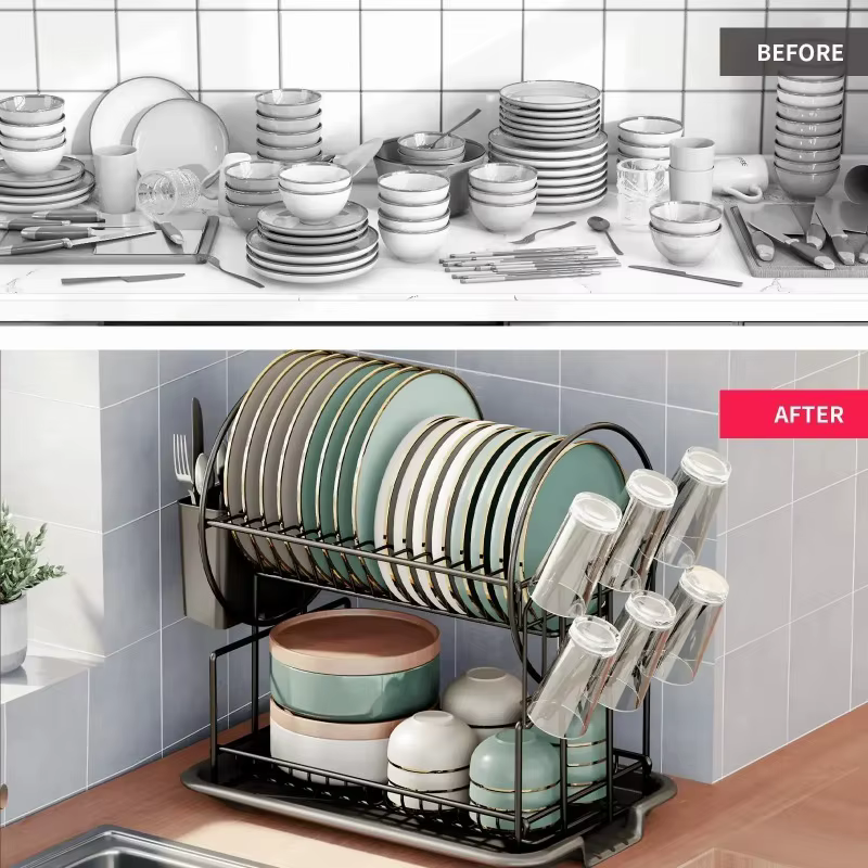 Égouttoir à vaisselle à 2 niveaux avec plateau de drainage, égouttoir à vaisselle, support de rangement pour comptoir de cuisine, porte-gobelets, porte-couteaux et porte-fourchettes