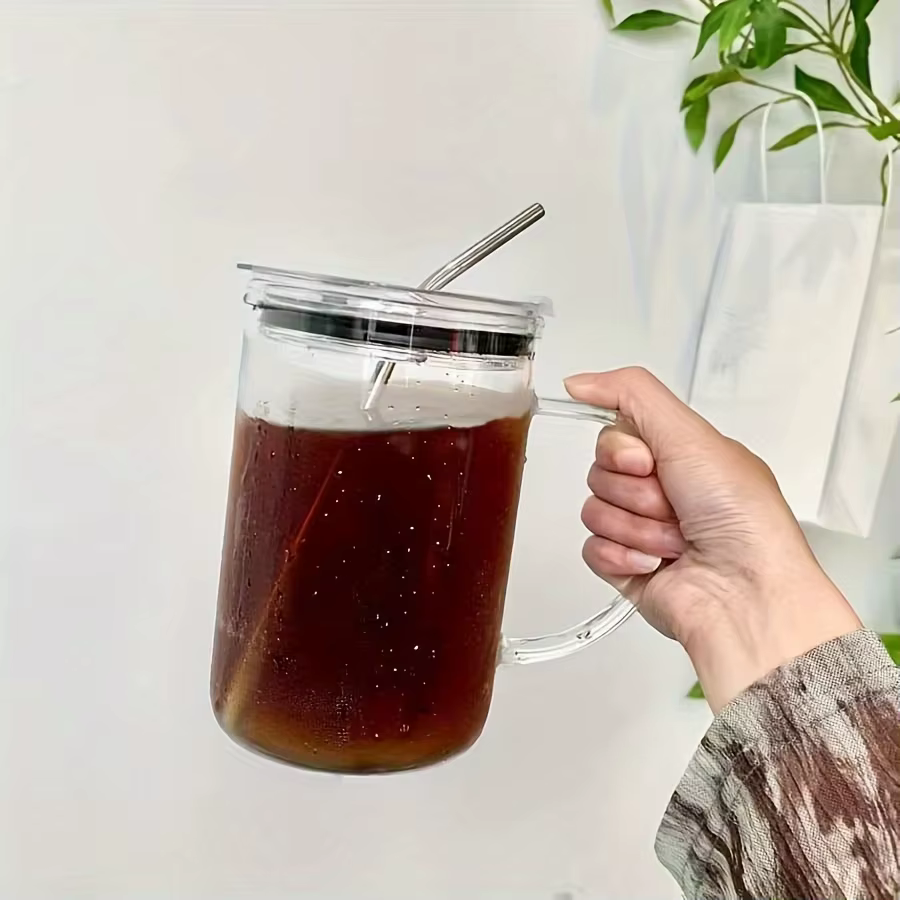 Grand verre avec couvercle et paille de 1l