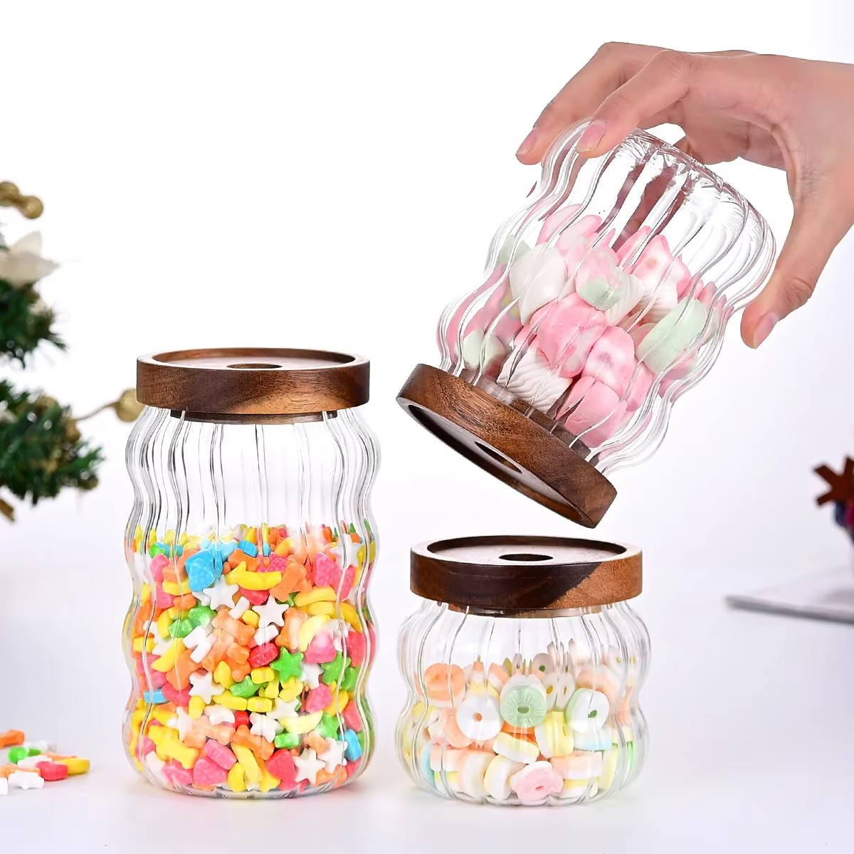 Bouteilles de rangement en verre rayé avec couvercle en bois