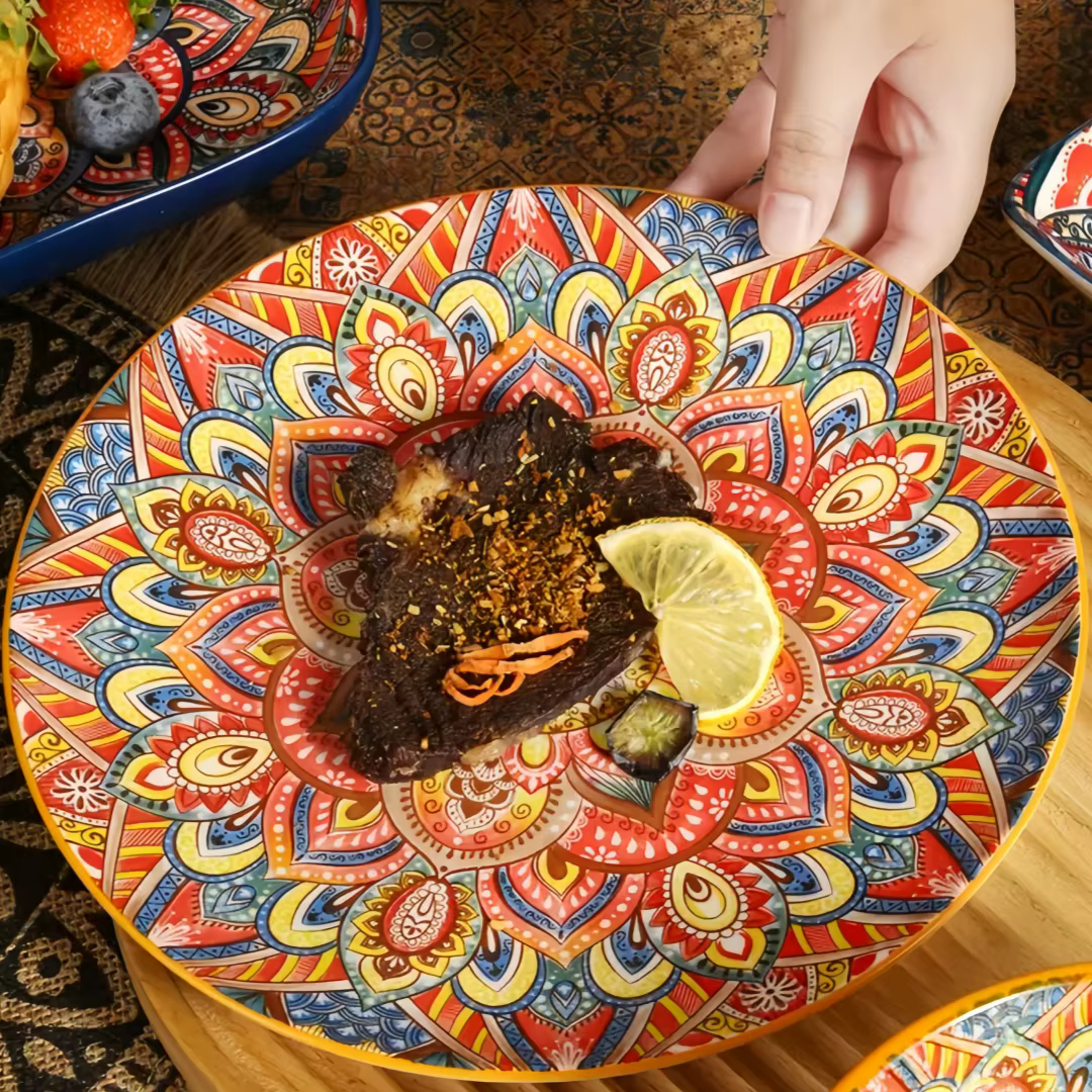 Assiette ronde en céramique de style bohème