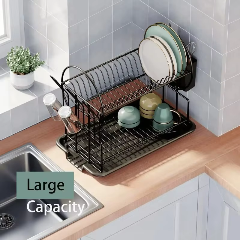Égouttoir à vaisselle à 2 niveaux avec plateau de drainage, égouttoir à vaisselle, support de rangement pour comptoir de cuisine, porte-gobelets, porte-couteaux et porte-fourchettes