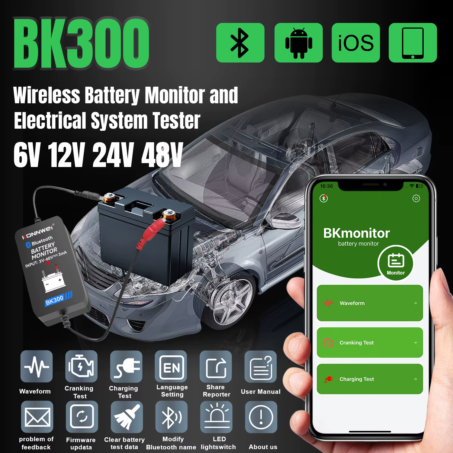KONNWEI BK300 12V moniteur de batterie sans fil bluetooth5.0 batterie de voiture santé APP surveillance testeur de batterie outils pour Android IOS