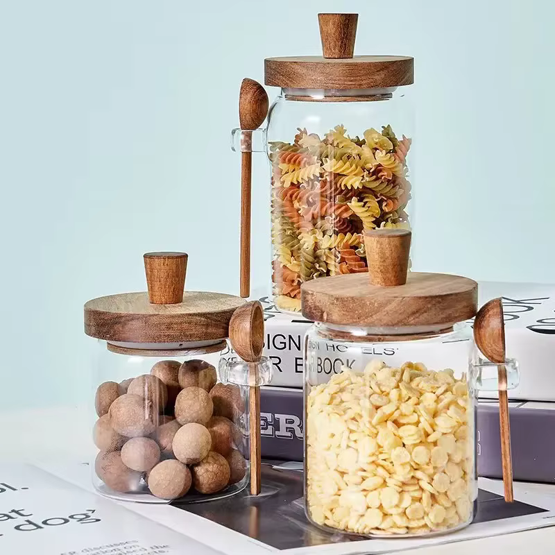 Pot scellé en verre, boîte de stockage de café et de thé à cinq grains avec cuillère en bois
