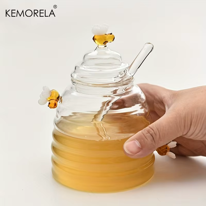 1 pièce Récipient à miel en verre alvéolé avec cuillère