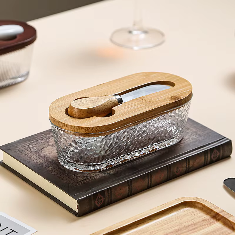 Porte-beurre en verre avec couvercle et couteau à beurre