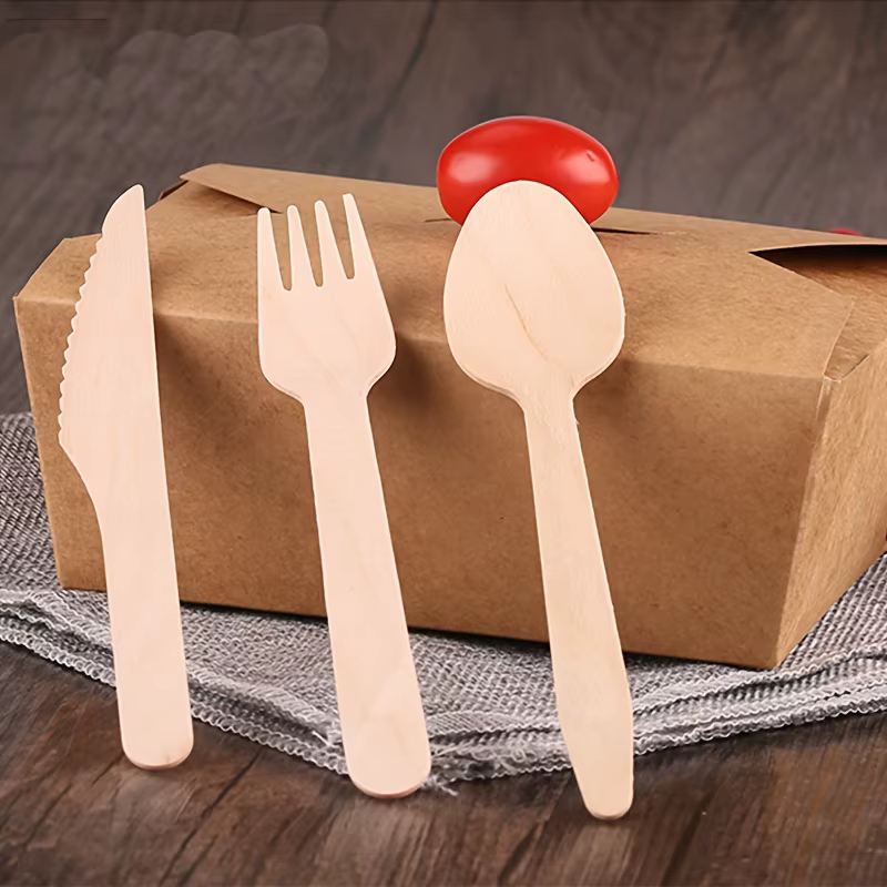 Cuillères/couteaux/fourchettes en bois jetables de 16cm, vaisselle, au lieu de cuillères en plastique biodégradables, jetables, 100 pièces