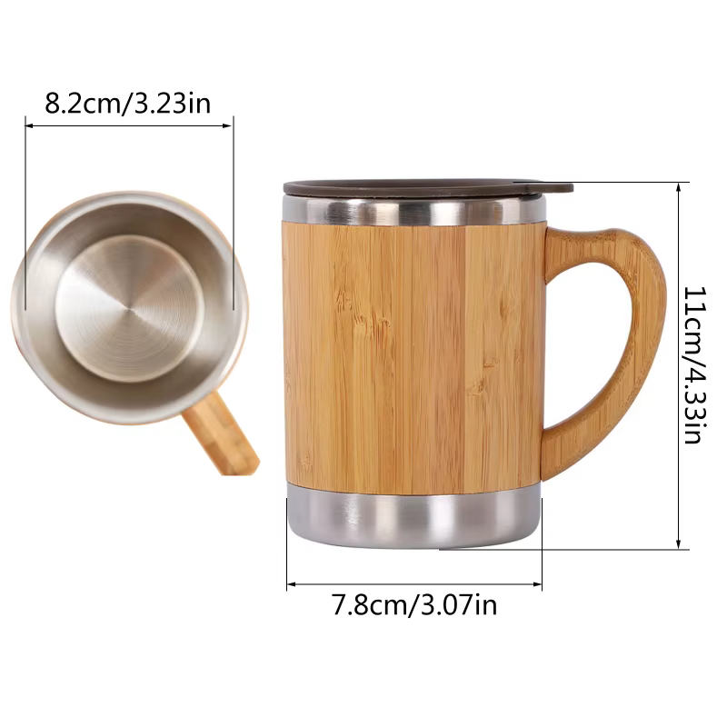 Tasse à café rustique en bambou avec poignée couvercle