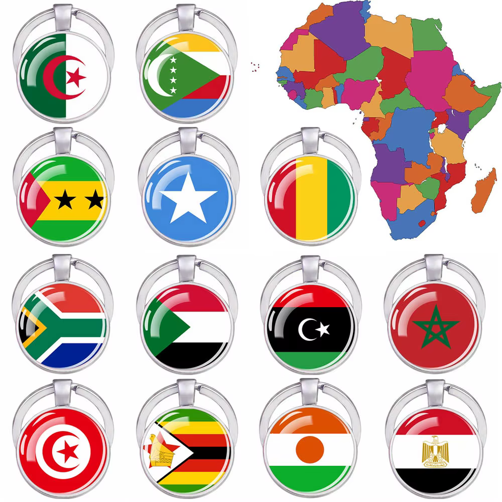 Porte-clés en verre double face avec pendentif breton, porte-clés Feel, pays d'Afrique, Algérie, Somalie, Tunisie, Maroc, Égypte