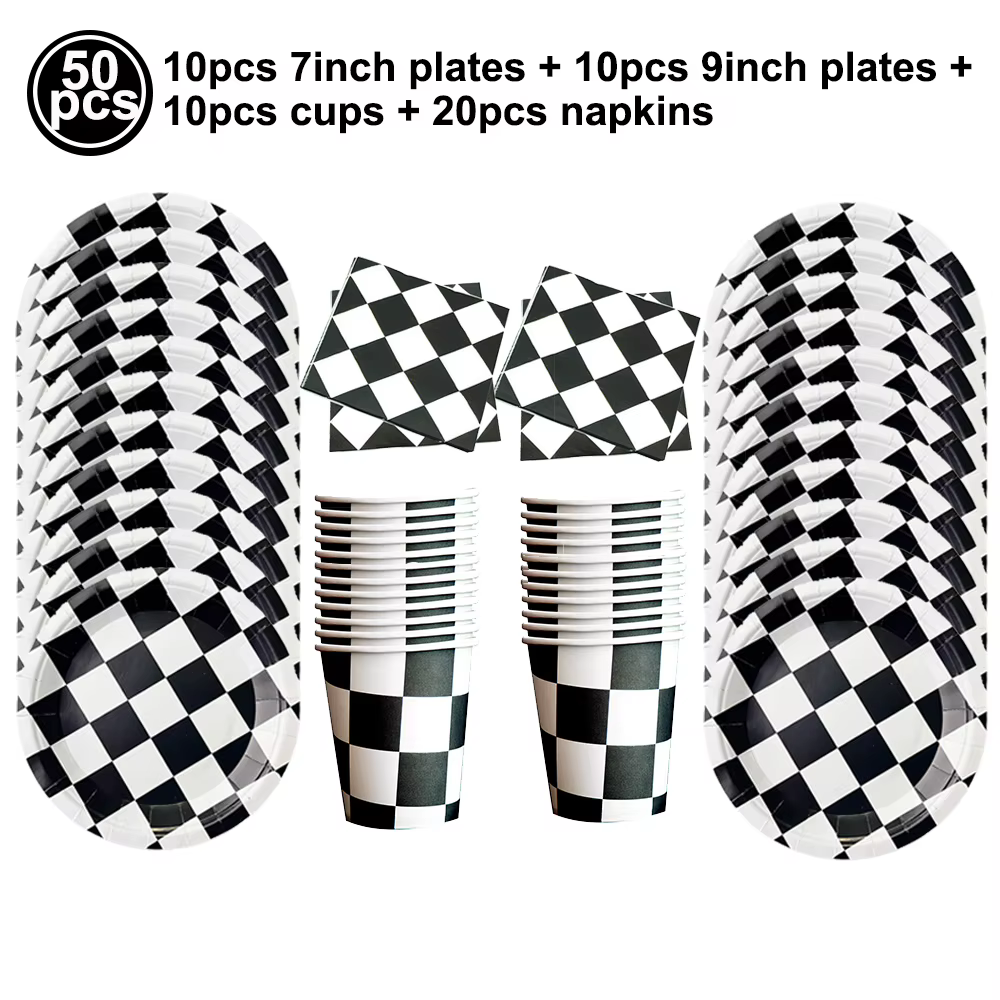 Vaisselle à carreaux noir et blanc pour la décoration de table sur le thème des sports de course, assiettes à dessert, serviettes pour voiture de course, anniversaire