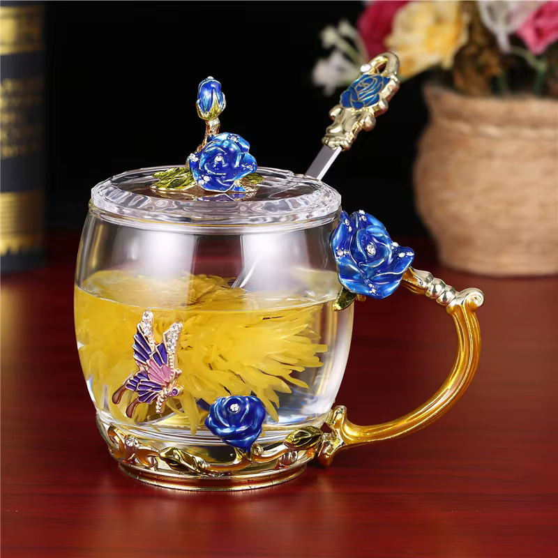 Tasse d'eau en verre émaillé en relief fleur de Rose