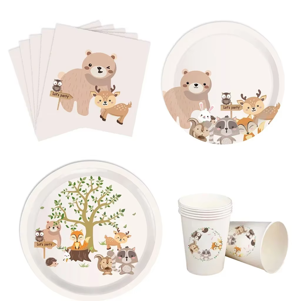 Vaisselle jetable sur le thème des animaux de la forêt pour 8 invités, assiettes et serviettes motif ours et renard, décoration de fête d'anniversaire safari pour enfants garçons et filles