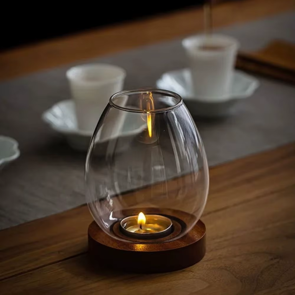 Bougeoirs en verre avec couvercle de tasse rond avec Base en bois