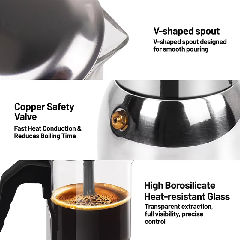 Machine à café italienne en acier inoxydable Moka Pot 9 tasses verre clair cuisinière cafetière expresso 450Ml 15Oz