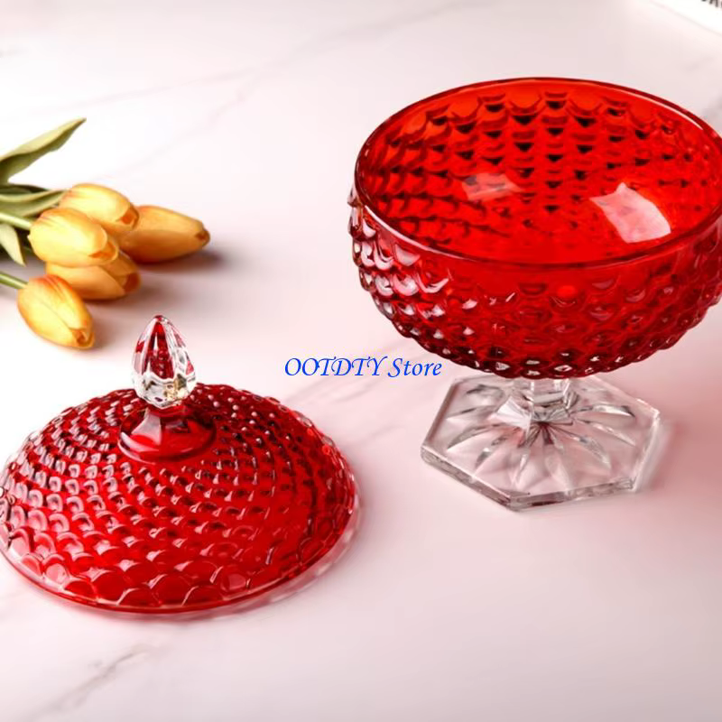 Pot à bonbons recouvert verre épaissi rouge gaufré avec couvercle pour le stockage collations