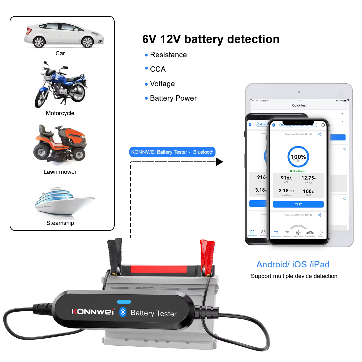Testeur de batterie de voiture KONNWEI BK200 BK100 6V-12V-24V, contrôle par application Bluetooth pour surveiller les tests de charge, outil de diagnostic de batterie de voiture