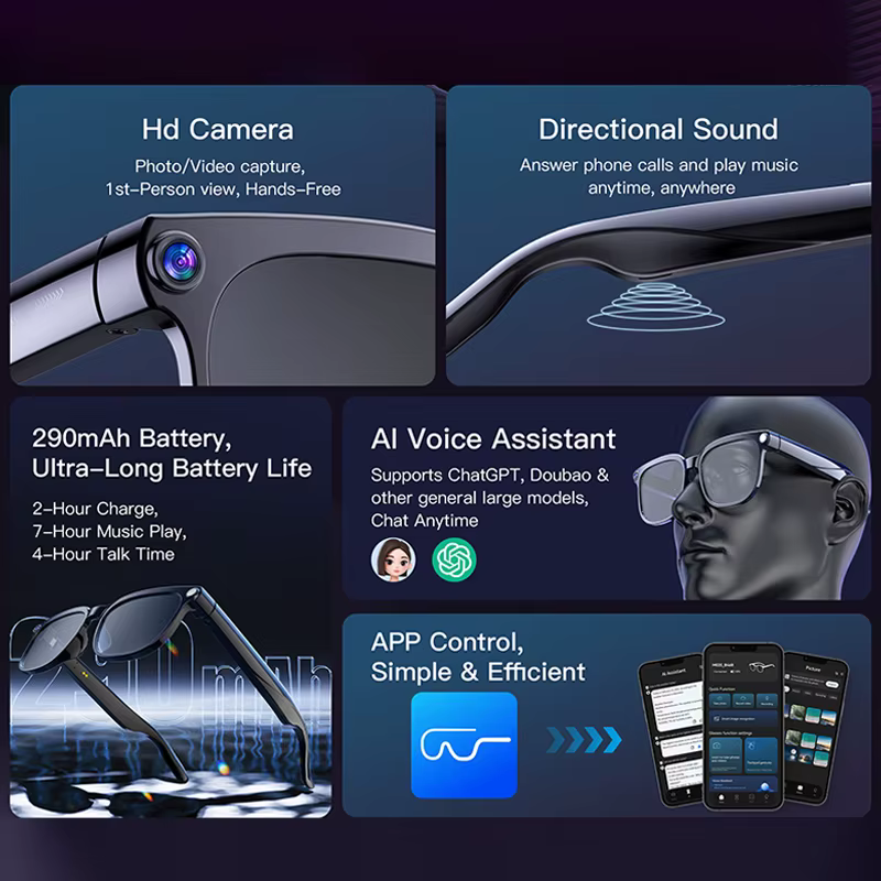 Lunettes intelligentes nouvelle technologie, assistant linguistique IA, enregistrement audio et vidéo, appel Bluetooth, traduction en temps réel, lunettes intelligentes