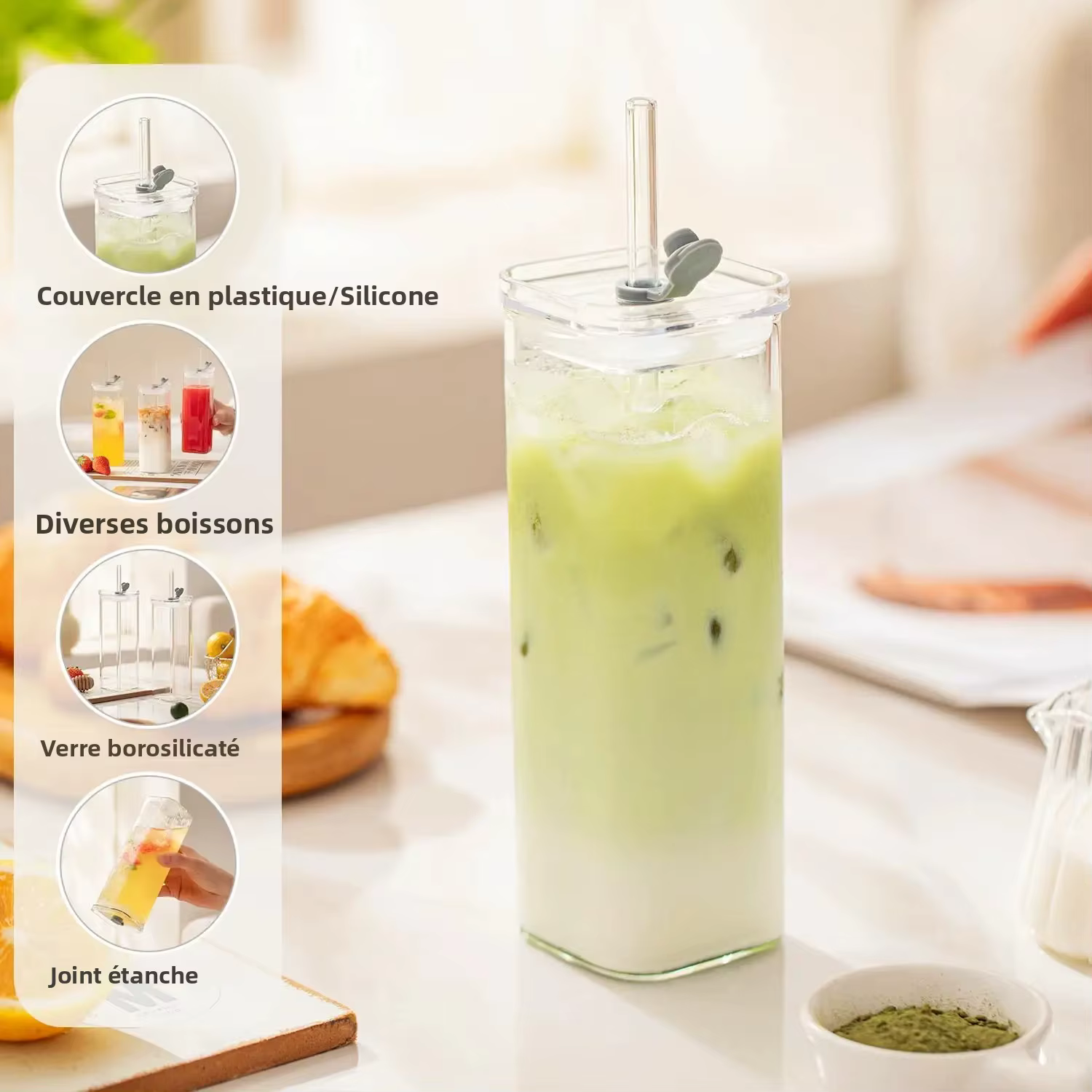 Gobelets carrés en verre avec couvercles/pailles – Ensembles de verres transparents pour café