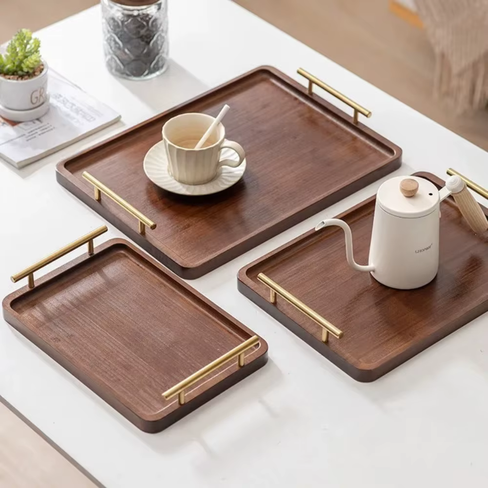 Plateau de service en bois pour aliments et boissons avec poignées métalliques pour table basse
