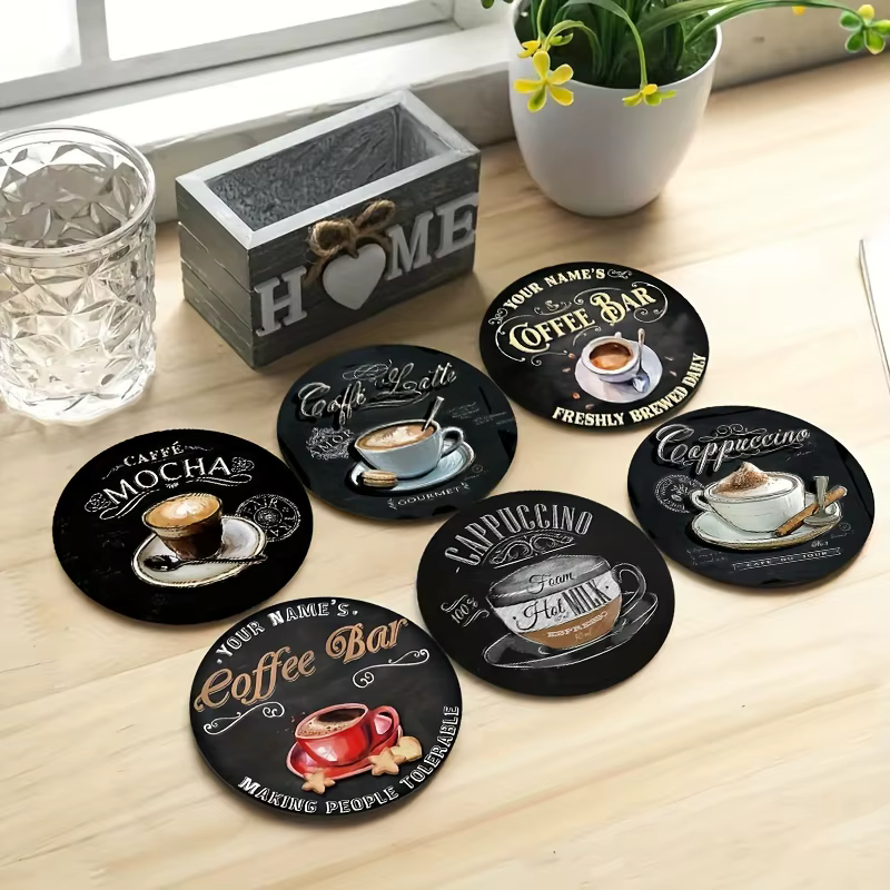 Ensemble de 6 dessous-de-verre ronds en bois à thème café