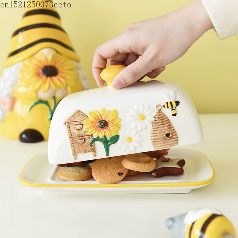 Plat à beurre en céramique plat à Dessert Snack gâteau assiette plats créatif abeille tournesol beurre assiette décoration de la maison vaisselle en céramique