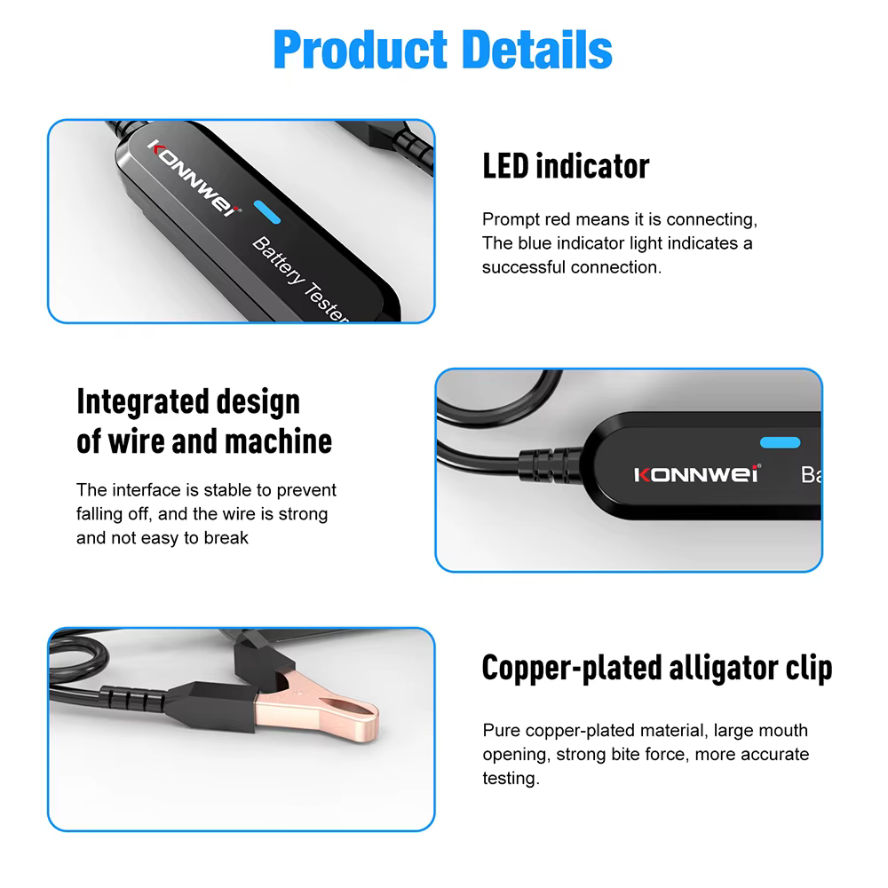 Testeur de batterie KONNWEI BK200 pour voiture, moto, camion, Bluetooth 5.0, analyseur de batterie 6V 12V 24V, outil de test de charge et de démarrage 2000 CCA