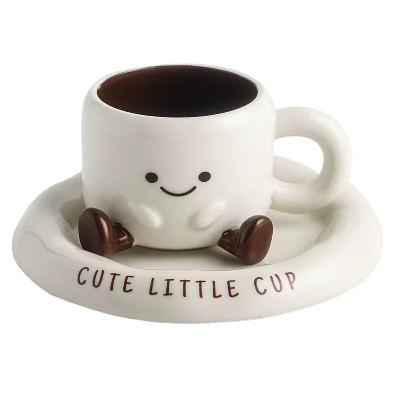 Mignonne petite tasse à café en céramique avec visage souriant et soucoupe, ensemble de tasses créatives de style dessin animé pour café, thé, lait