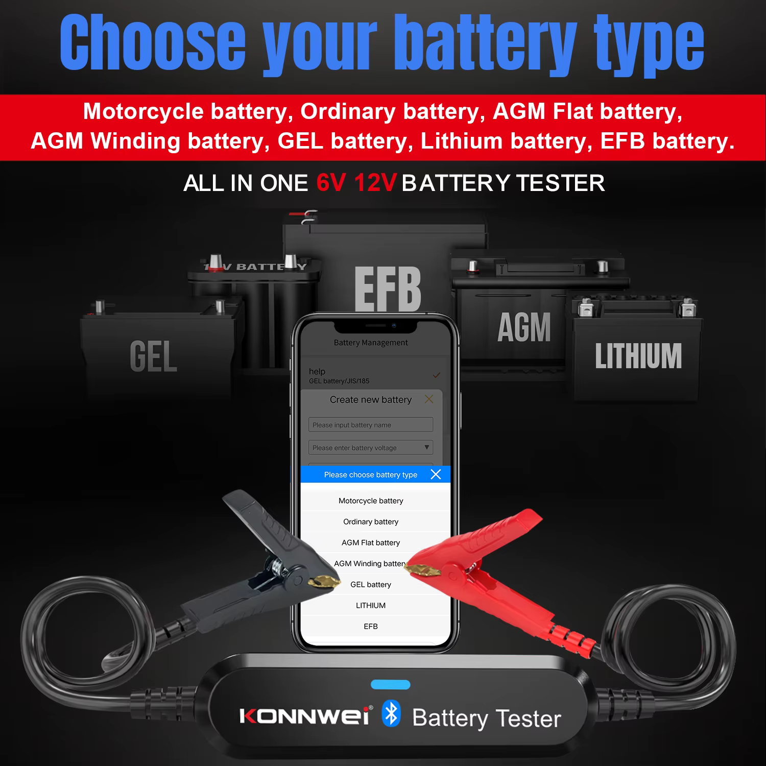 Testeur de batterie de voiture KONNWEI BK200 BK100 6V-12V-24V, contrôle par application Bluetooth pour surveiller les tests de charge, outil de diagnostic de batterie de voiture