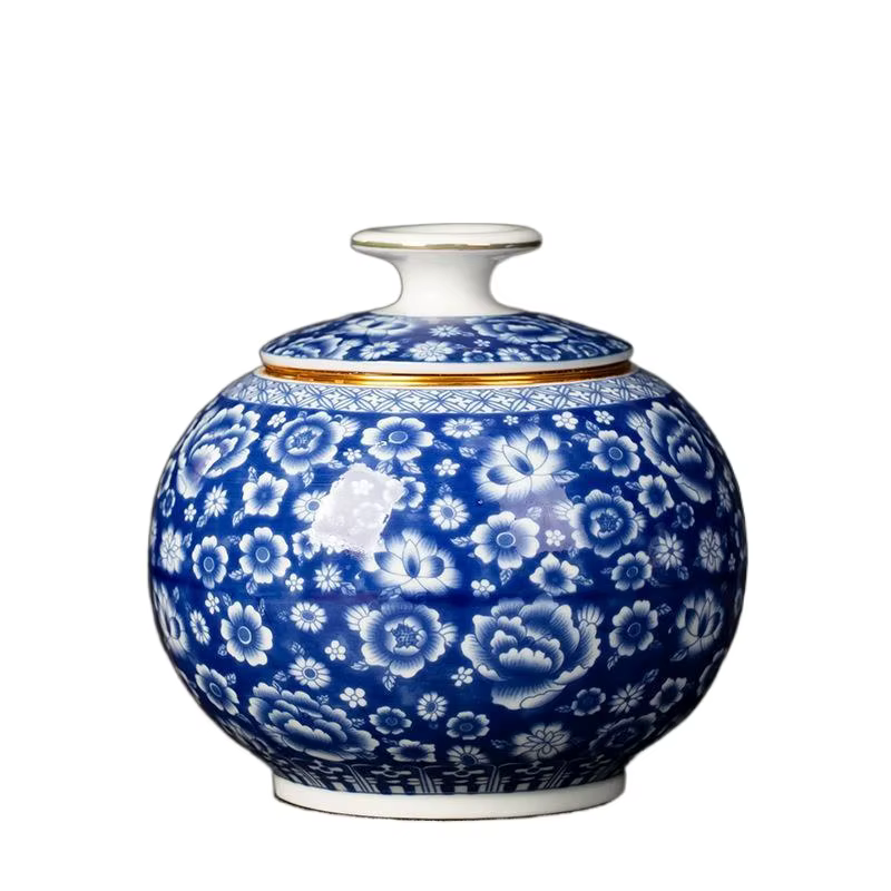 Pot de rangement scellé en porcelaine bleue et blanche Vintage
