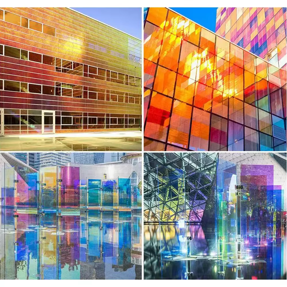 Teinte de fenêtre en verre de bâtiment dichroïque caméléon, Film décoratif coloré découpé UV pour centre commercial et bureau, vitrail auto-adhésif