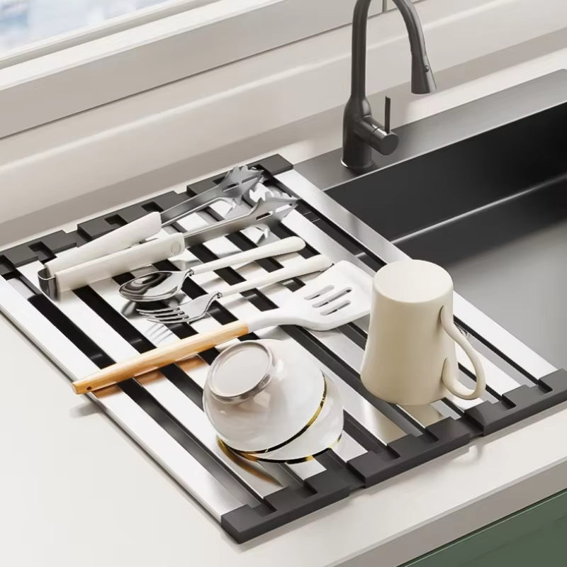 Égouttoir à vaisselle pliable et extensible en acier inoxydable 304 pour évier de cuisine