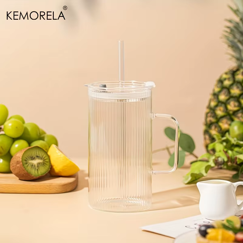 KEMORELA Grand gobelet en verre nervuré de 740 ml avec poignée et couvercle