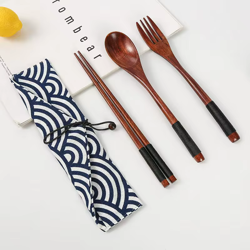 Ensemble de couverts en bois écologiques réutilisables portables-baguettes cuillère fourchette ustensiles de salle à manger durables faciles à nettoyer