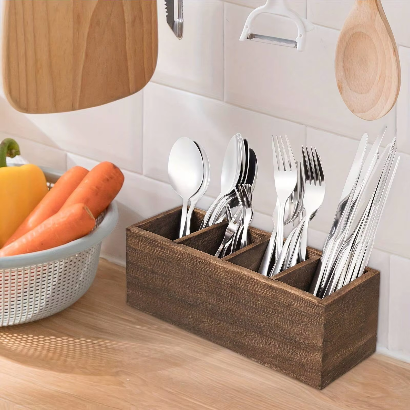 Organisateur de couverts en bois avec 4 compartiments pour ustensiles de cuisine
