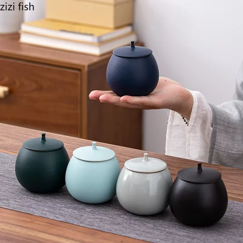 Boîte à thé en grès pot rond scellé caddie à thé en céramique