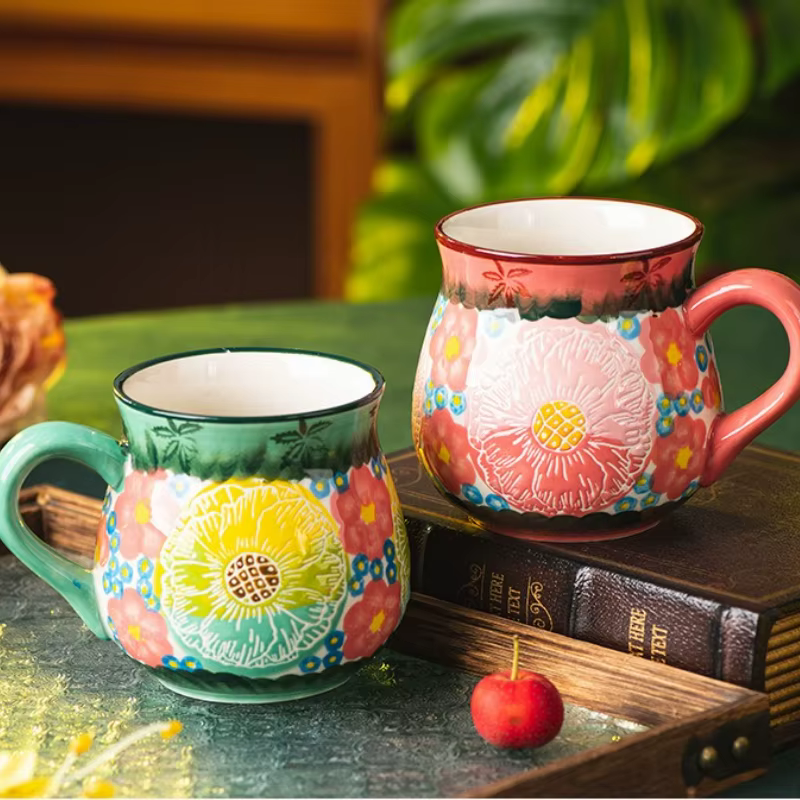 Tasse en céramique à fleurs Vintage faite à la main
