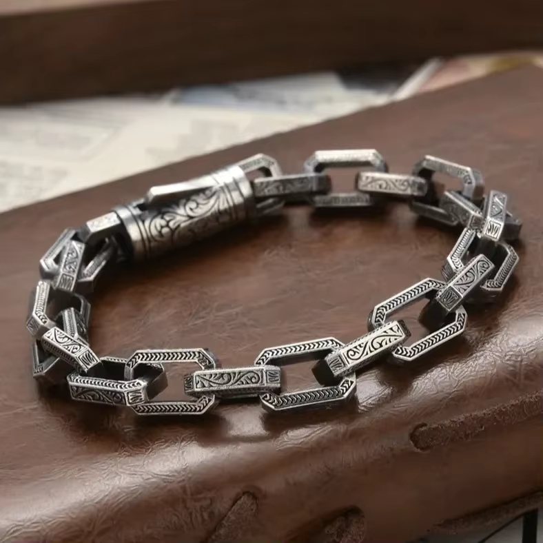Bracelet couleur argent pour hommes, nouveau motif d'herbe en rotin, Design créatif, personnalisé, rétro, fait à la main, mode agressive, bijoux pour hommes