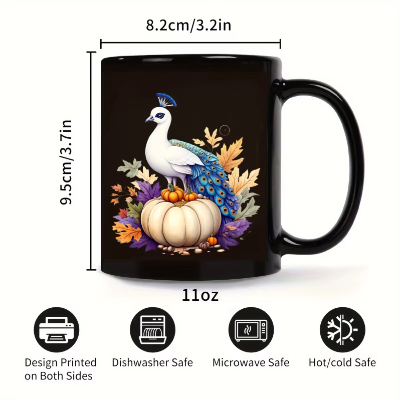 Tasse en céramique, motif de feuille d'automne paon noir et de citrouille