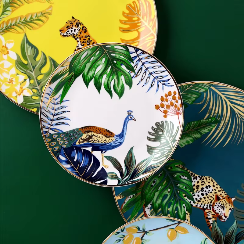 Service de vaisselle coloré forêt Animal Design assiette plateau à Steak plat vaisselle en céramique 10 pouces plat cadeau de noël or